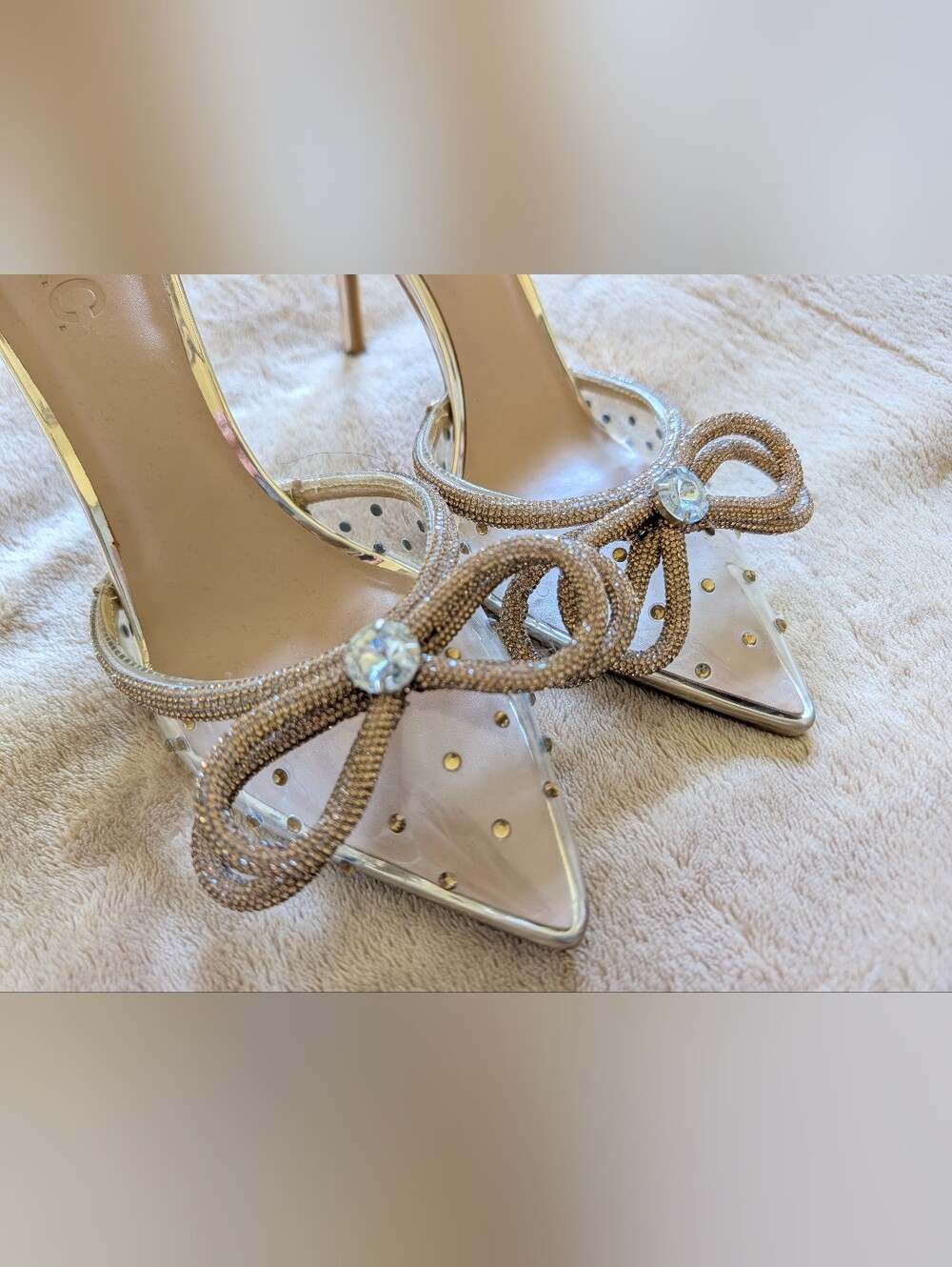 INC International Concepts Clear Pointed Toe Heels with Beige Crystal Bow